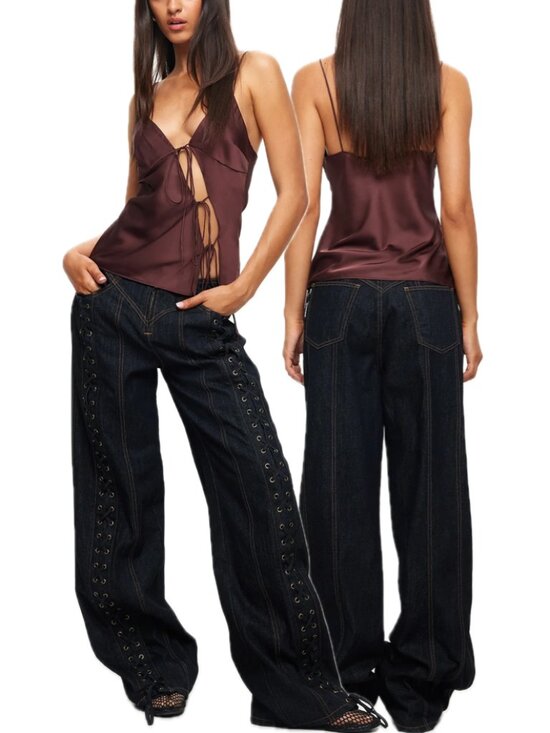 Lioness Tops - LIONESS Mariah Satin-Feel Asymmetric Cut-Out Tie-Front Cami Top (Garnet Brown)